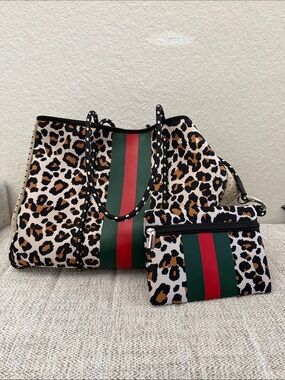 Leopard Print Tote with Green & Red Stripe - Women's Fashion Neoprene Bag